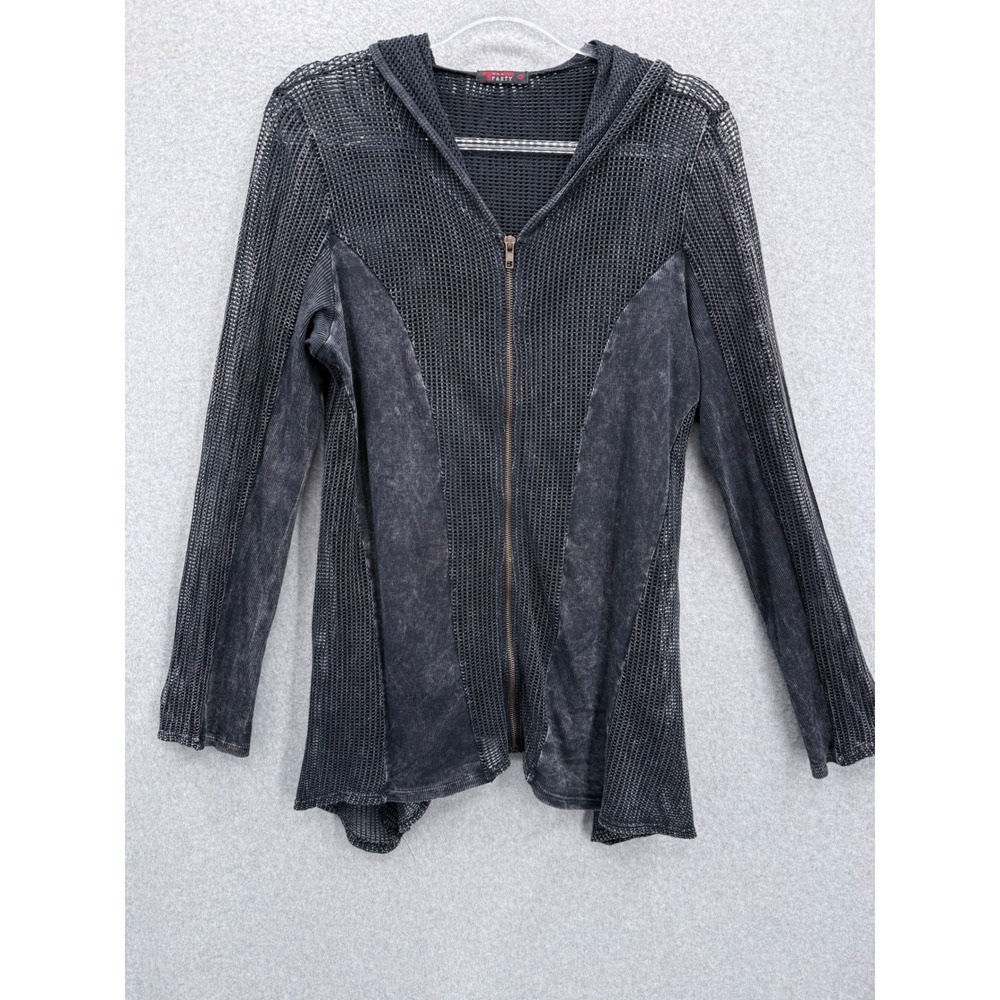 T-Party Fishnet Zip Up Jacket Womens M Black Mineral Wash Hooded Coverup boho